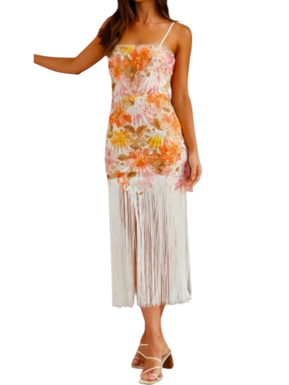 Hello Molly Floral Fringe Dress - White, Pink & Orange